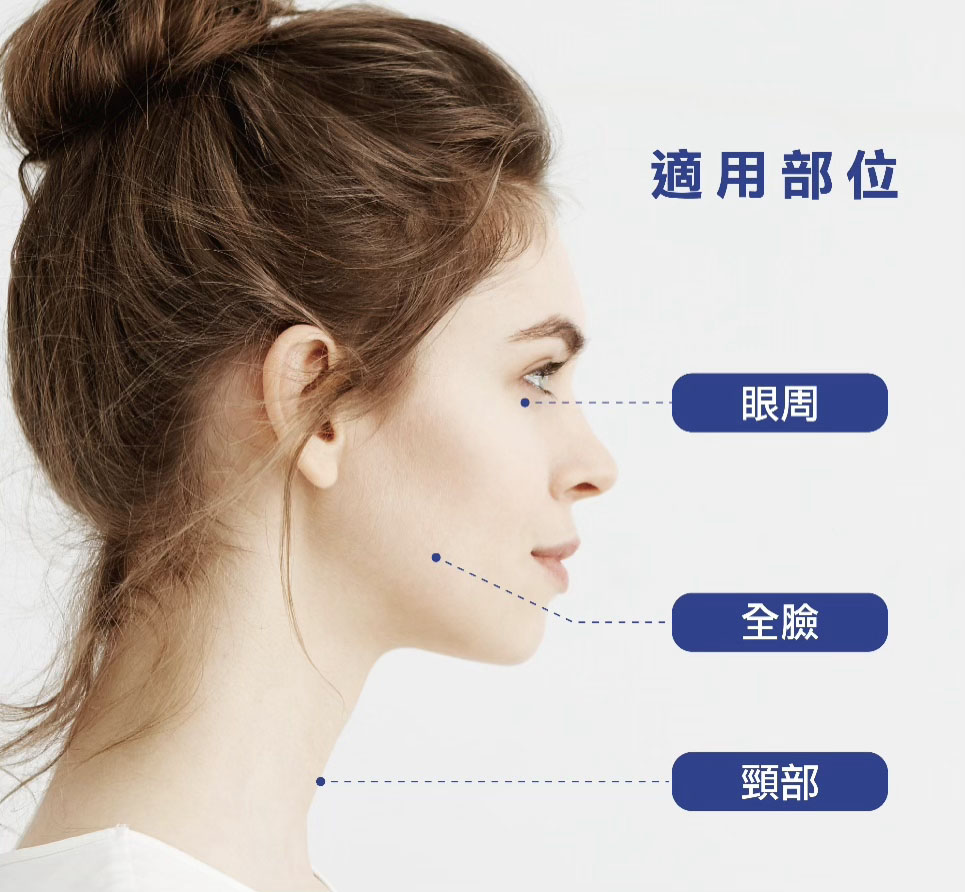 適用部位： 不僅限於全臉和頸部，對於眼周細紋與鬆弛也有極佳的改善效果。